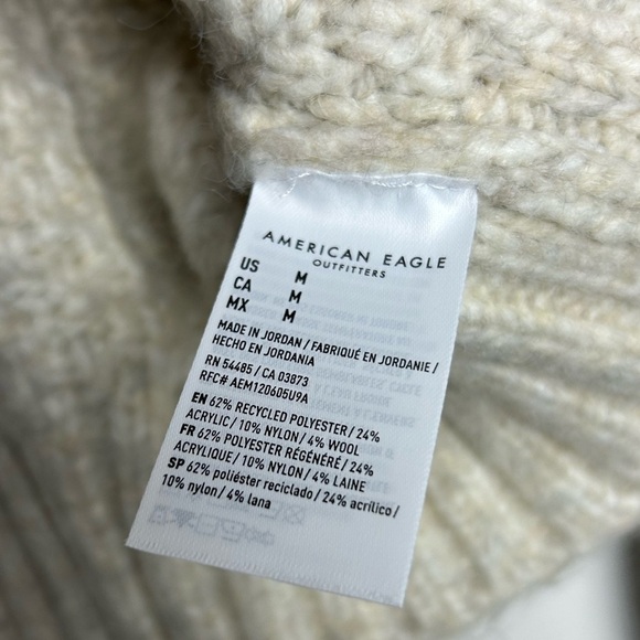 American Eagle M Cable Knit Crop Sweater Fisherman Wool Blend Neutral Turtleneck - Picture 8 of 11